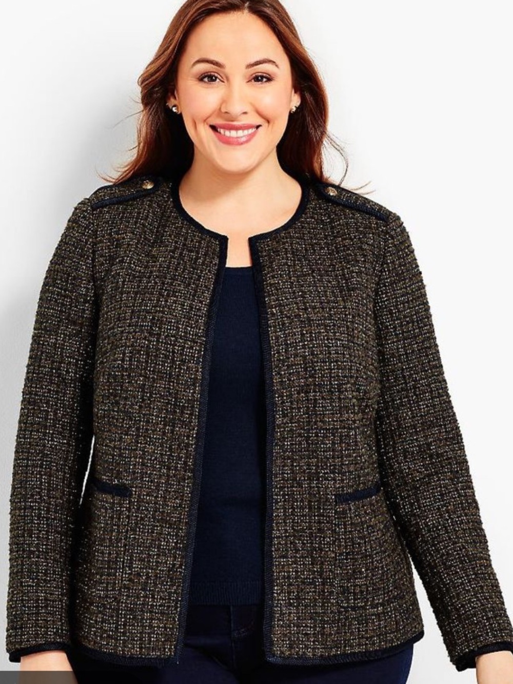 Talbots 24W Metallic Tweed Open Front Blazer Jacket Italian Fabric